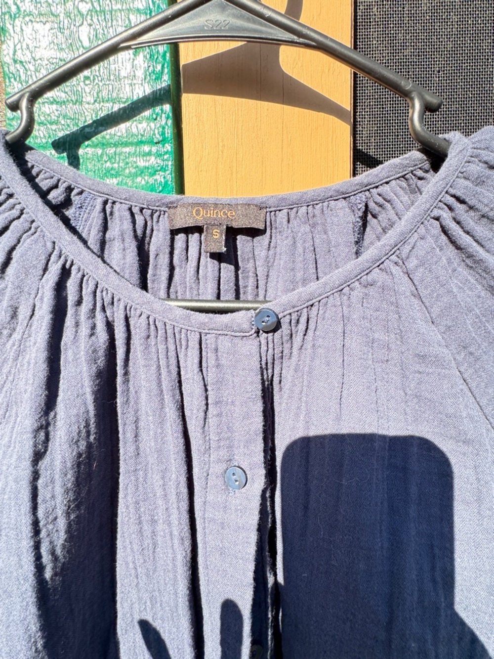 Quince Women's Slate Blue Button-Front Gathered Cotton Blouse